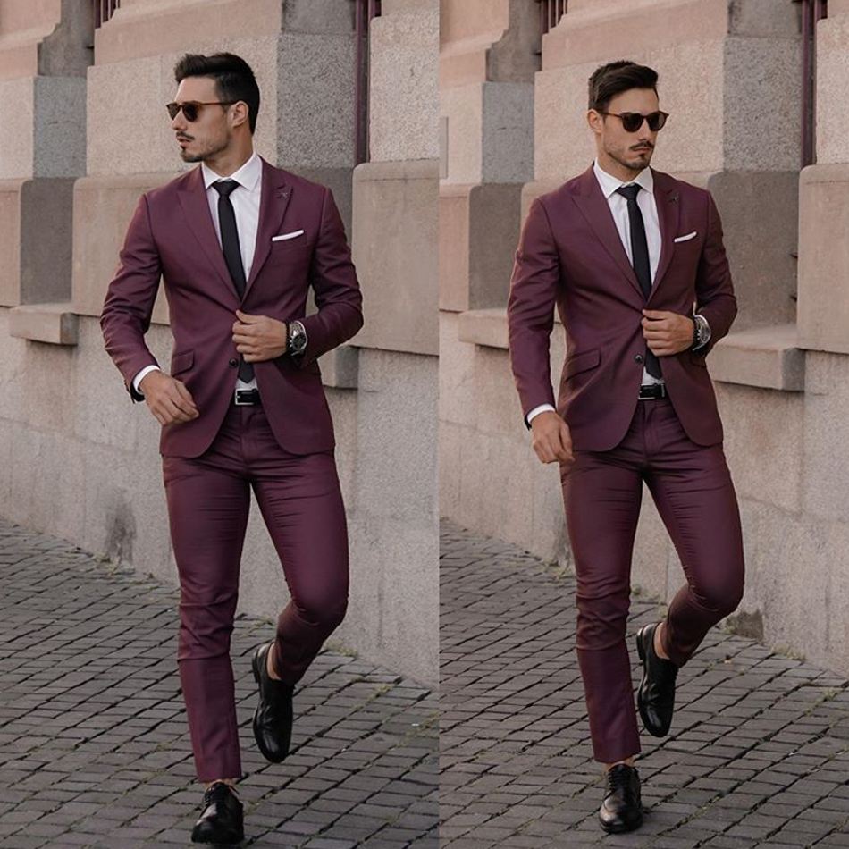 Esmoquin de boda burdeos para hombre, dos botones, corte entallado, para negocios, fiestas, graduación, el mejor traje de chaqueta para hombre, 2 piezas, personalizado 