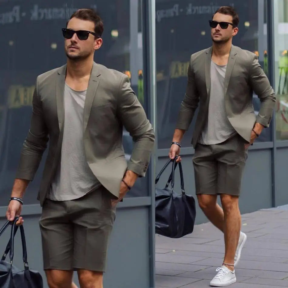 Esmoquin gris corto de boda para hombre, con dos botones, corte entallado, ideal para negocios, fiestas, graduación, chaqueta y pantalones.