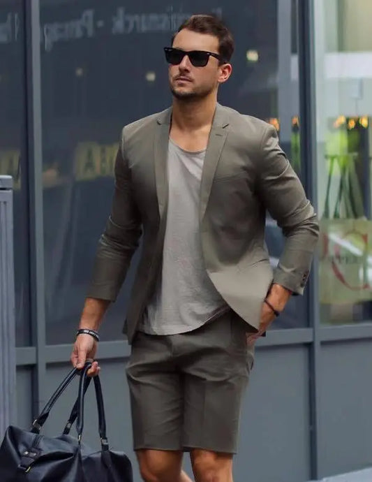 Grey Short Mens Wedding Tuxedos Two Buttom Slim Fit Wear Business Party Prom Best Men Blazer Suit(Jacket+Pants