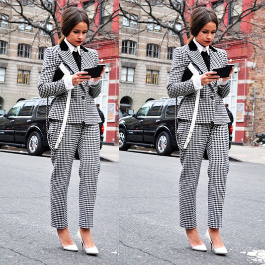 Winter Plaid 2 Pieces Set Vintage Office Lady Blazer Wedding Tuxedos Female High Waist Pants Suits