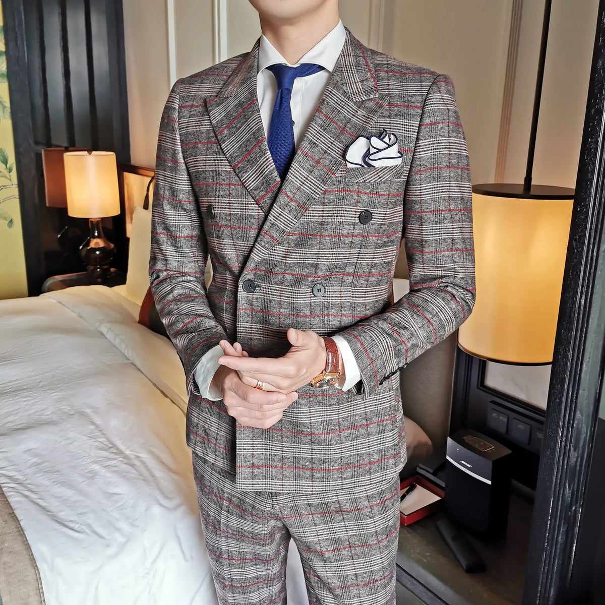 Suit Luxury Wedding Upgrade Emcee Dress Suit Men's Plaid Double-breasted Casual Dress Dinner Suit