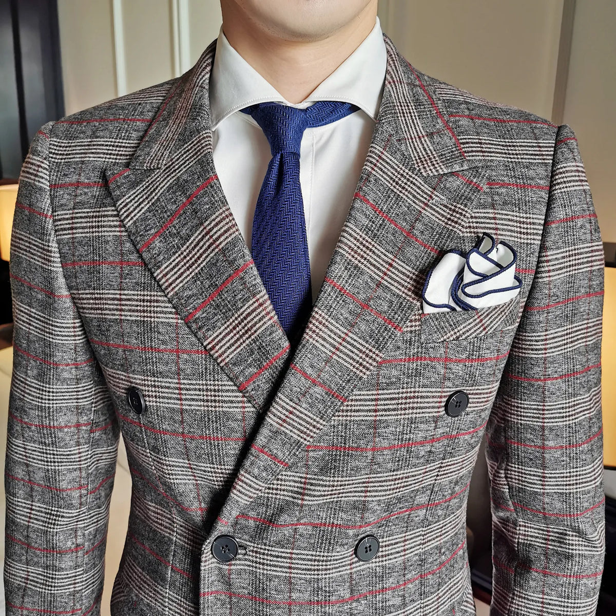 Suit Luxury Wedding Upgrade Emcee Dress Suit Men's Plaid Double-breasted Casual Dress Dinner Suit