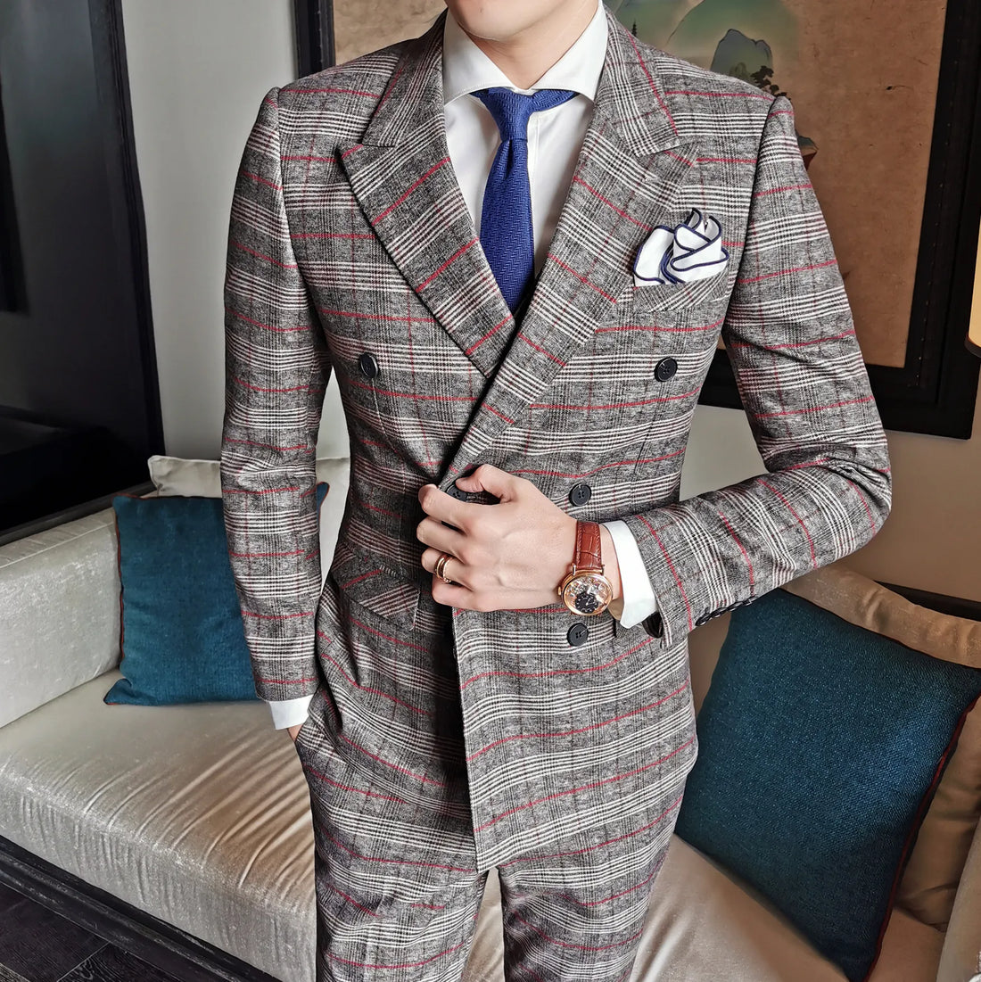 Suit Luxury Wedding Upgrade Emcee Dress Suit Men's Plaid Double-breasted Casual Dress Dinner Suit
