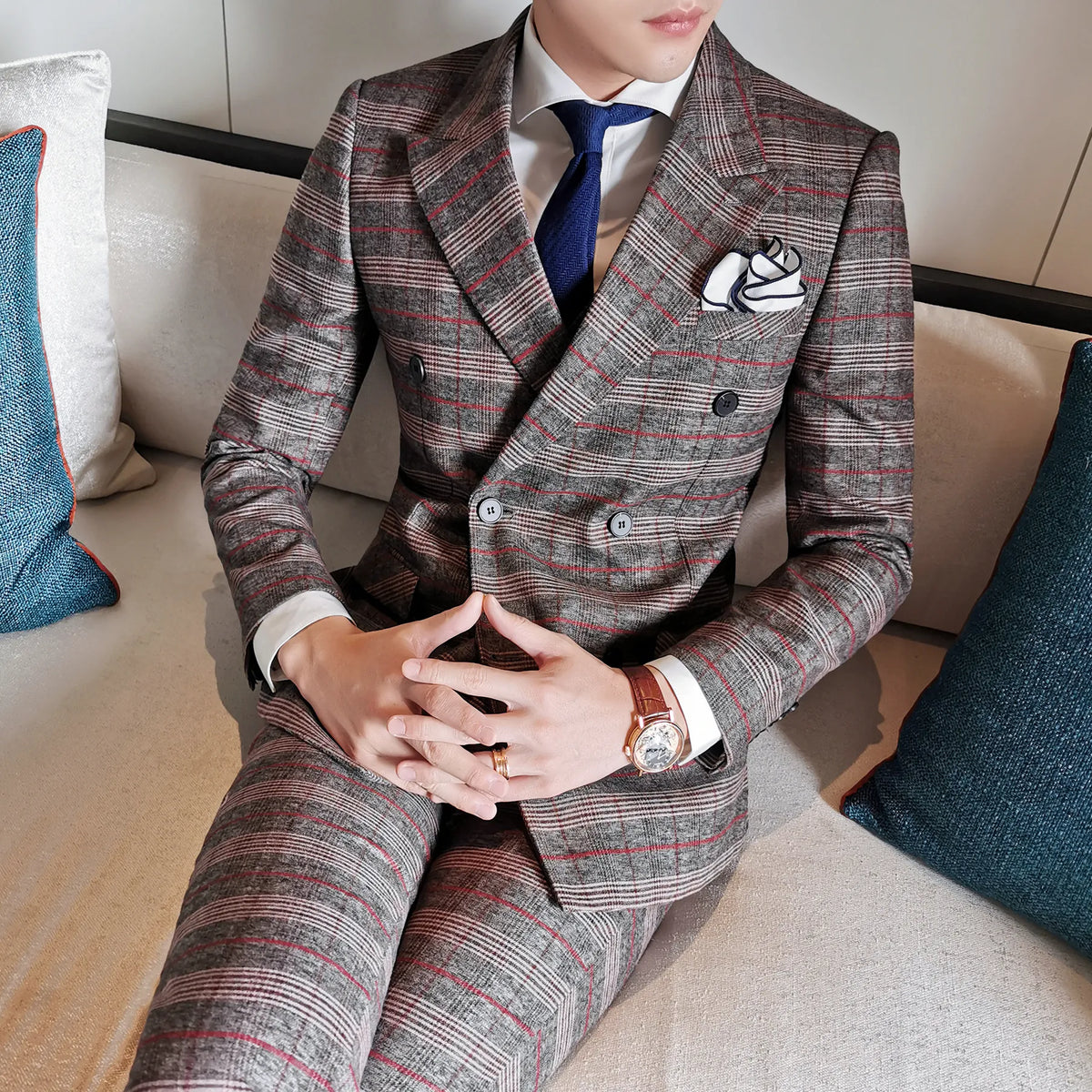 Suit Luxury Wedding Upgrade Emcee Dress Suit Men's Plaid Double-breasted Casual Dress Dinner Suit