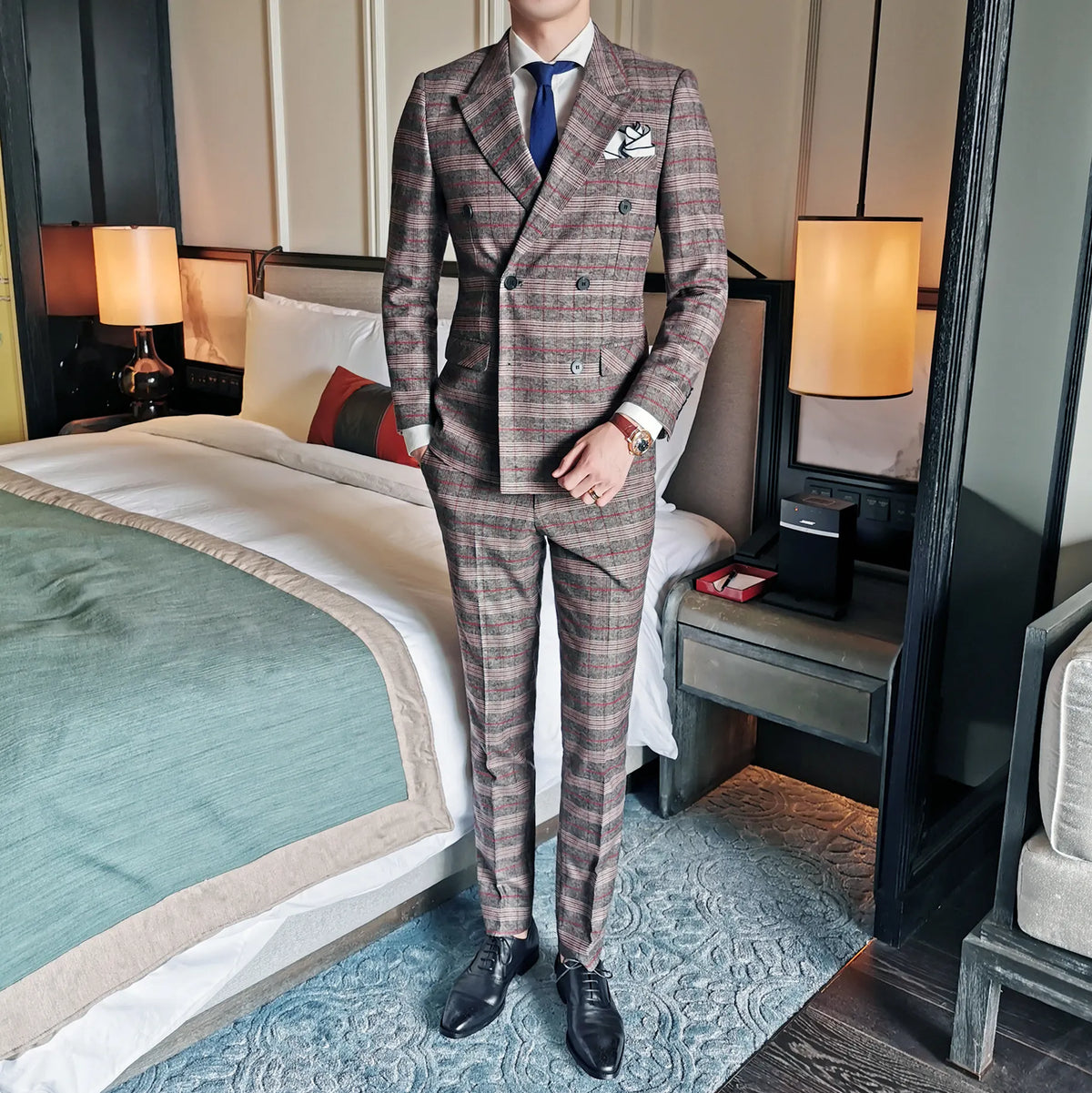Suit Luxury Wedding Upgrade Emcee Dress Suit Men's Plaid Double-breasted Casual Dress Dinner Suit