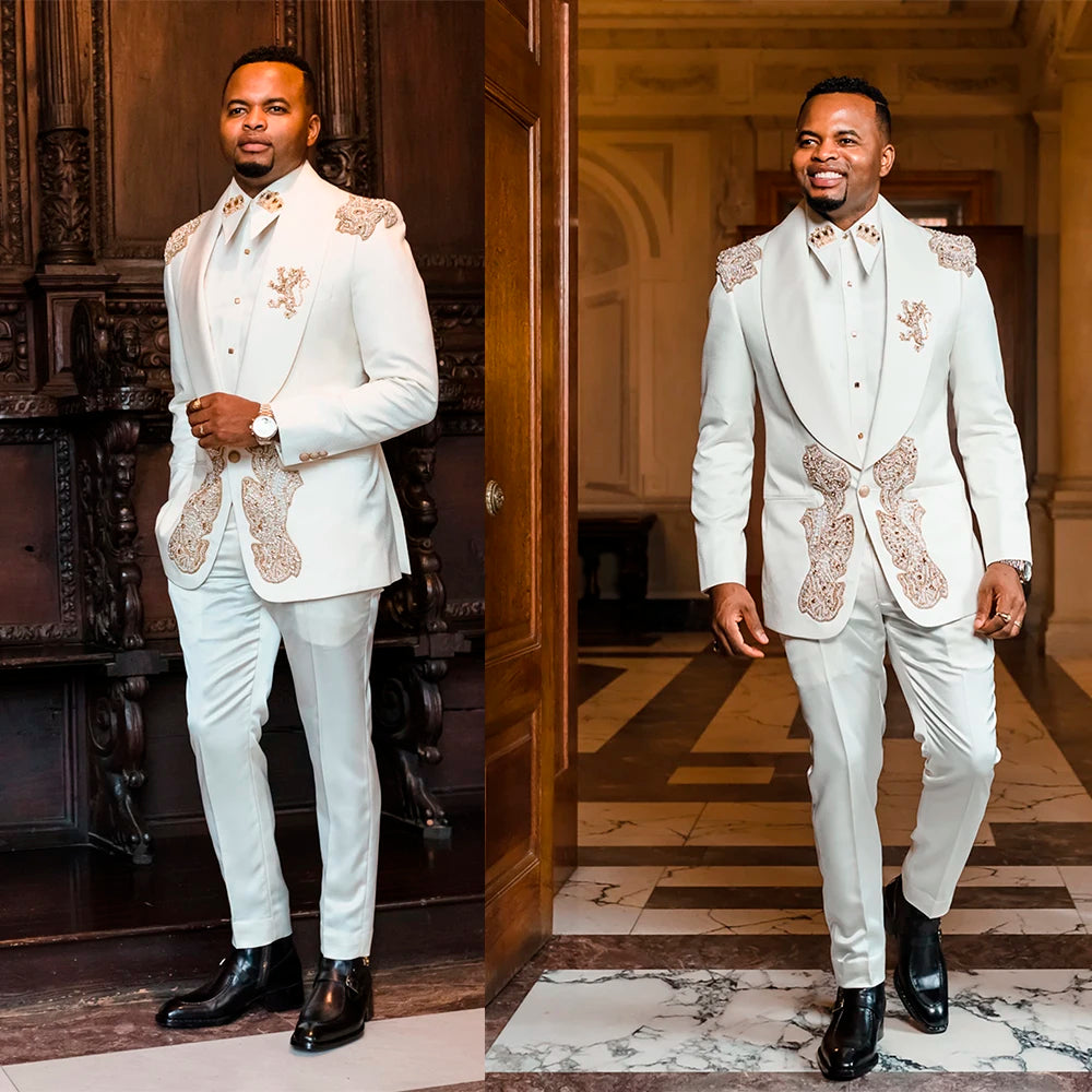 Costume de mariage à double boutonnage avec appliques de perles, tenue de soirée formelle pour homme (veste + pantalon) 