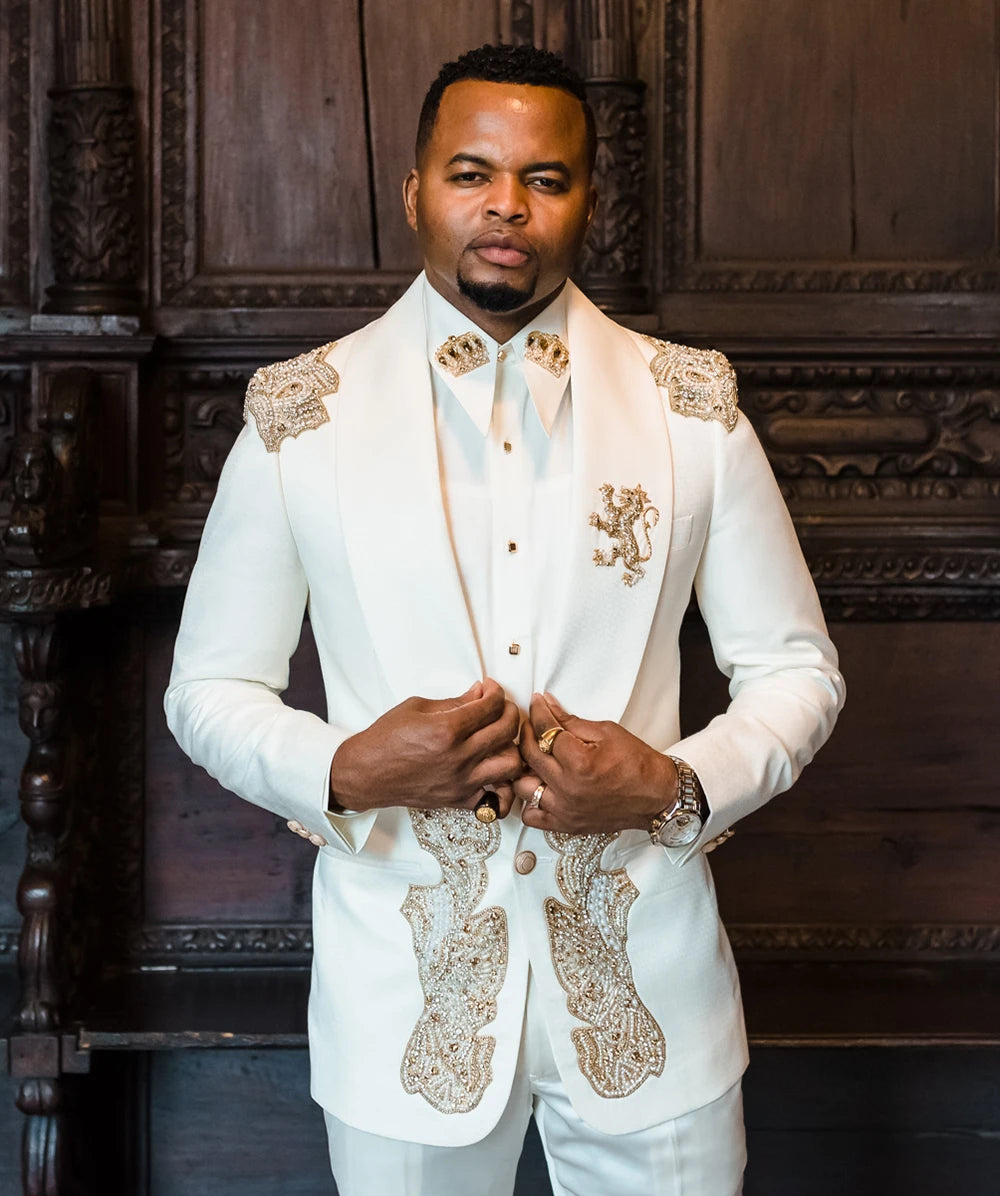Costume de mariage à double boutonnage avec appliques de perles, tenue de soirée formelle pour homme (veste + pantalon) 