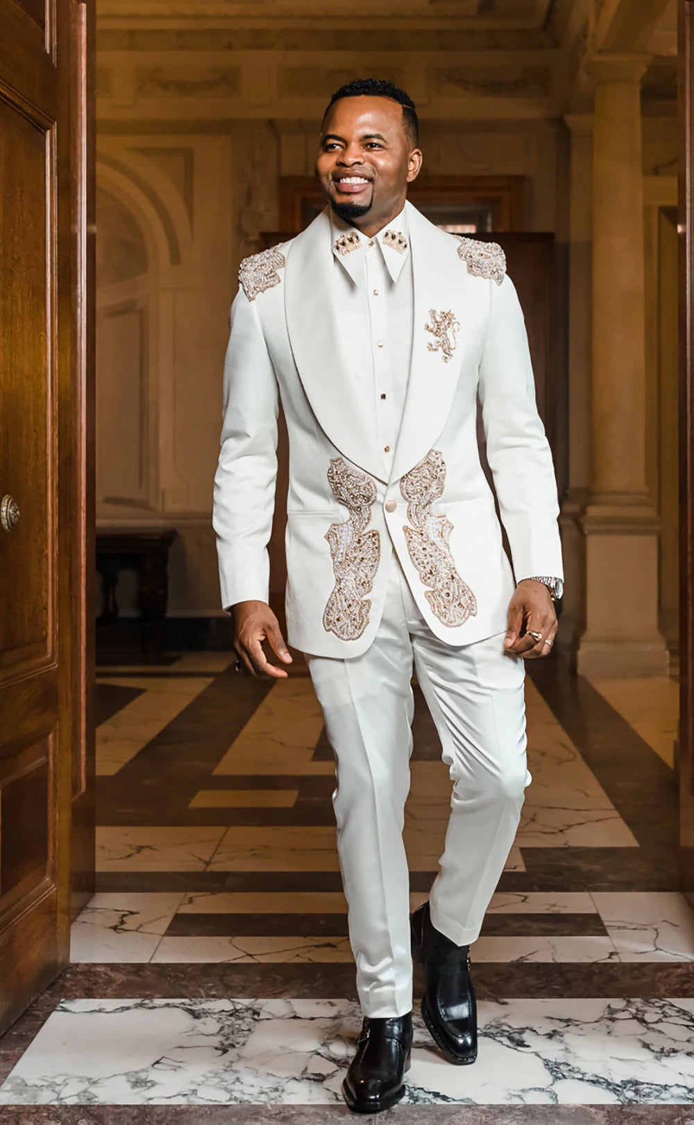 Costume de mariage à double boutonnage avec appliques de perles, tenue de soirée formelle pour homme (veste + pantalon) 
