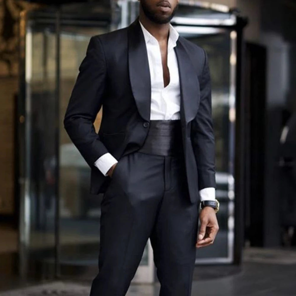 Costume noir pour homme, taille haute, 2 pièces, pour mariage, soirée, smoking, pantalon slim, revers châle, pour occasion formelle 