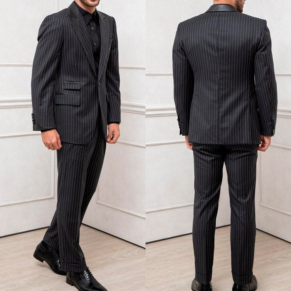 Costume de mariage noir slim pour homme avec rayures, un bouton, deux pièces, veste et pantalon, costume de créateur pour occasion formelle 