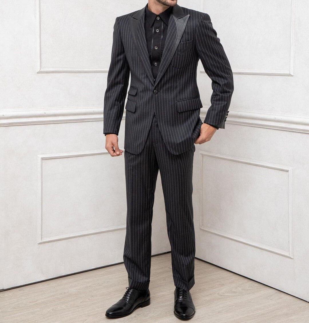 Costume de mariage noir slim pour homme avec rayures, un bouton, deux pièces, veste et pantalon, costume de créateur pour occasion formelle 