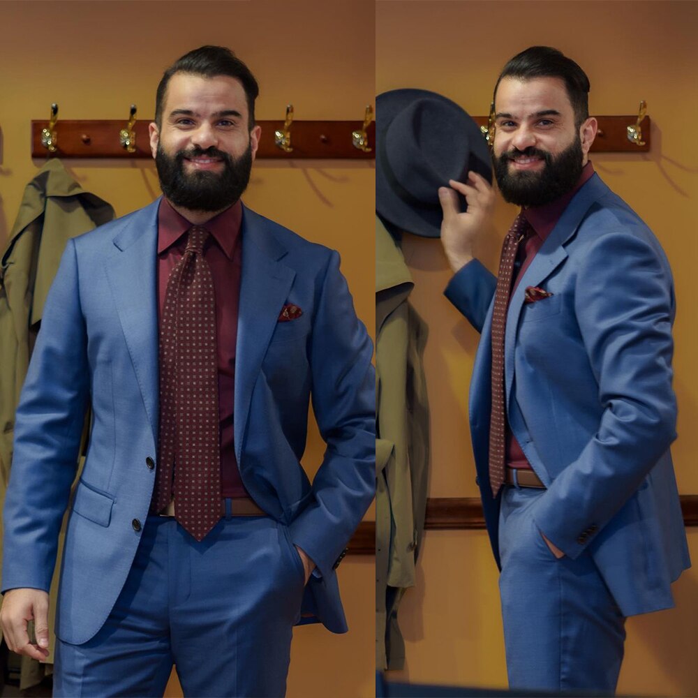 Trajes de negocios azules para hombre con chaqueta de dos piezas y pantalón para caballero, hechos a medida, de diseñador, para bodas, fiestas y ocasiones formales. 