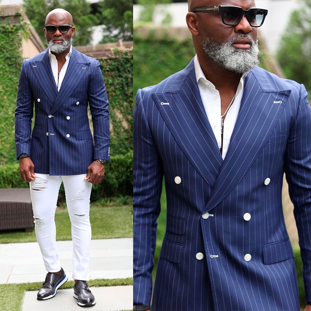 Trajes de boda azules ajustados para hombre con solapa a rayas, chaqueta de una pieza, trajes de diseñador para ocasiones formales de padrino de boda 