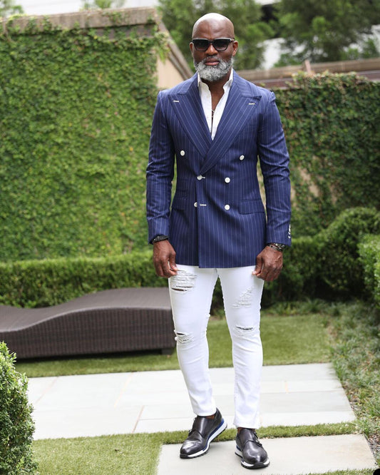 Blue Wedding Slim Men Suits With Stripe lapel One Pieces Jacket Designer Formal Occasion Groomsman Suits