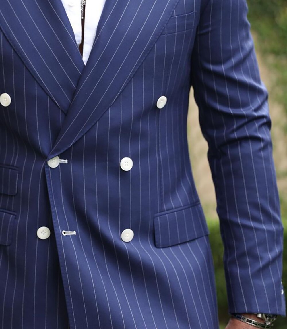 Trajes de boda azules ajustados para hombre con solapa a rayas, chaqueta de una pieza, trajes de diseñador para ocasiones formales de padrino de boda 