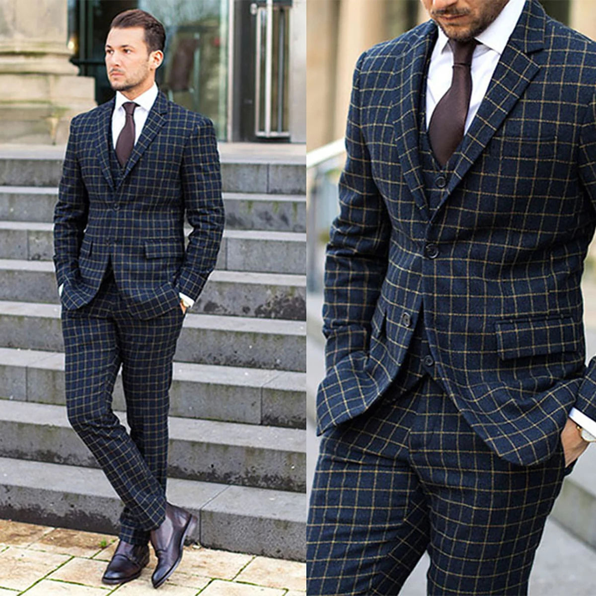 Traje clásico de tres piezas con diseño de celosía para hombre, ideal para bodas, esmoquin y ocasiones formales de alta calidad.