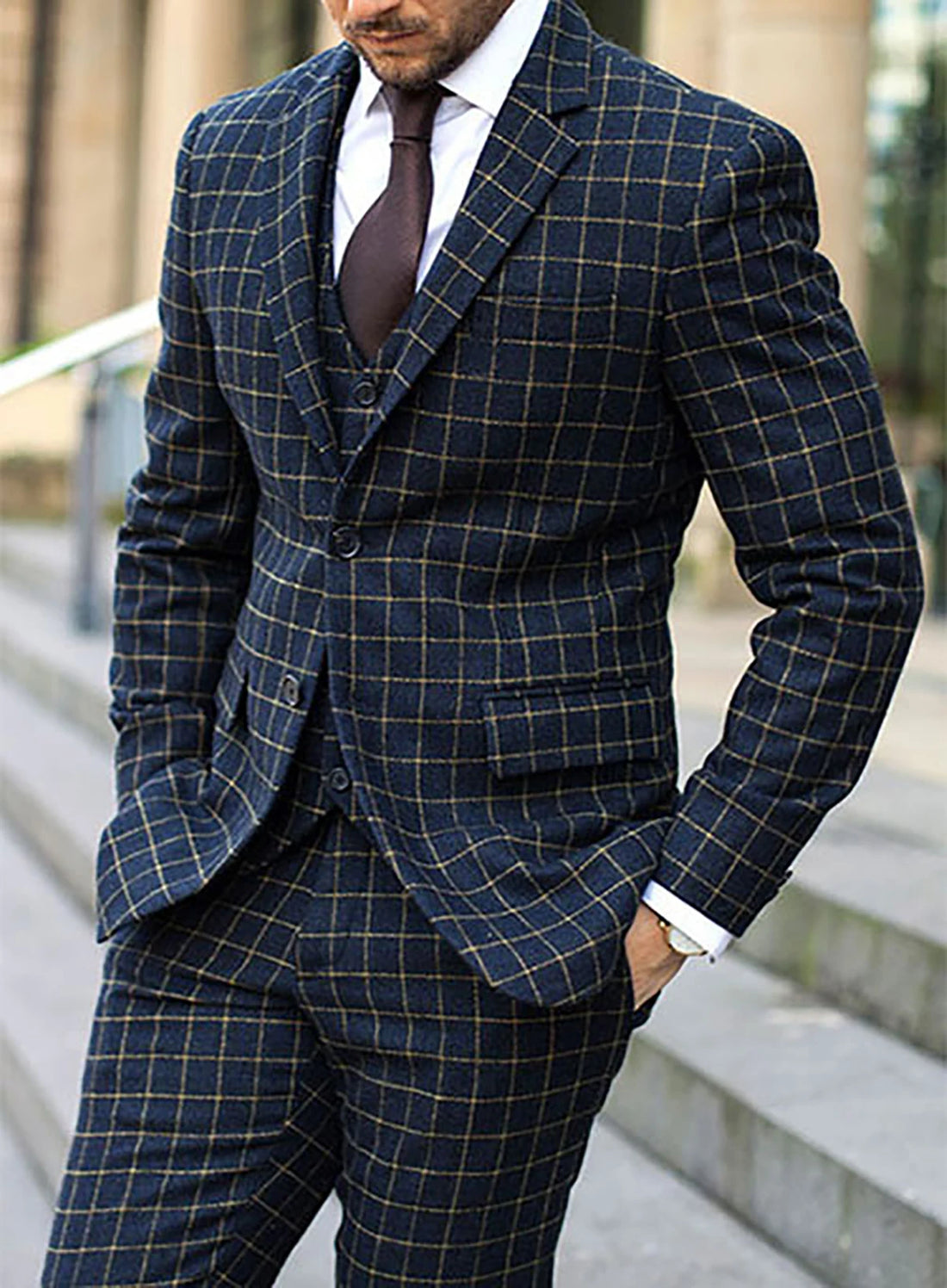 Traje clásico de tres piezas con diseño de celosía para hombre, ideal para bodas, esmoquin y ocasiones formales de alta calidad.
