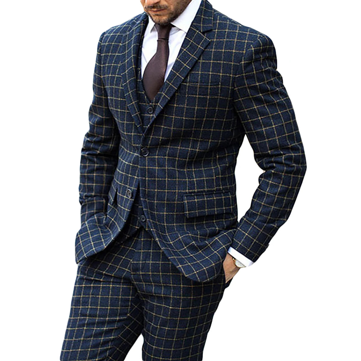 Traje clásico de tres piezas con diseño de celosía para hombre, ideal para bodas, esmoquin y ocasiones formales de alta calidad.