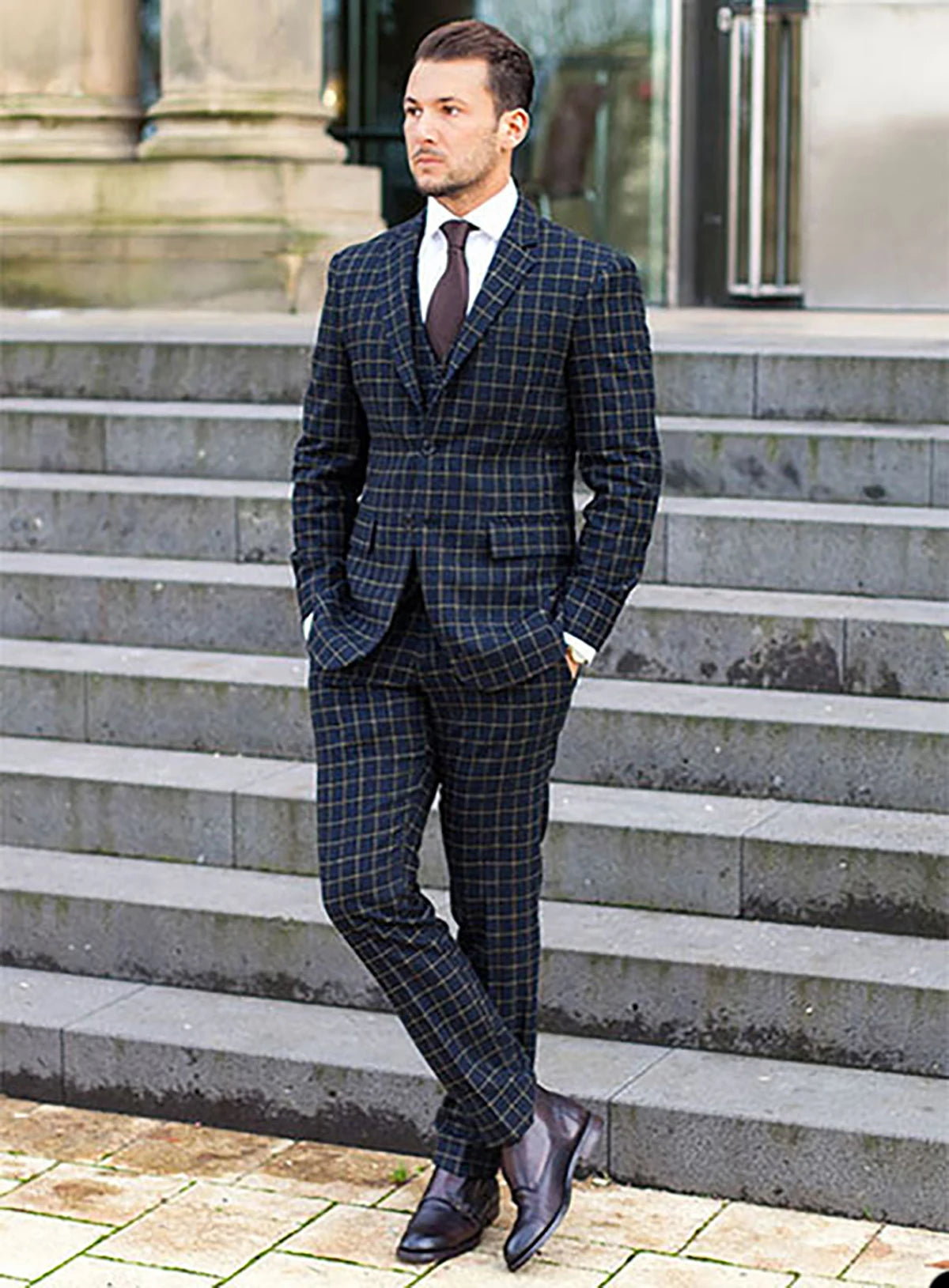 Traje clásico de tres piezas con diseño de celosía para hombre, ideal para bodas, esmoquin y ocasiones formales de alta calidad.