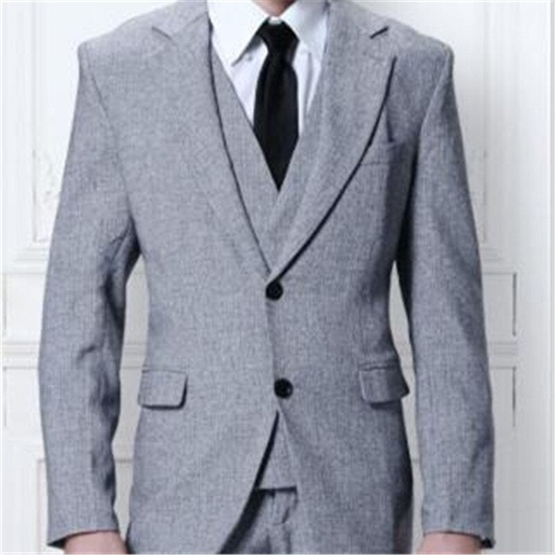 Costume de mariage 3 pièces en tweed de laine gris pour homme, veste, pantalon et gilet, coupe slim, tenue de soirée, blazer 