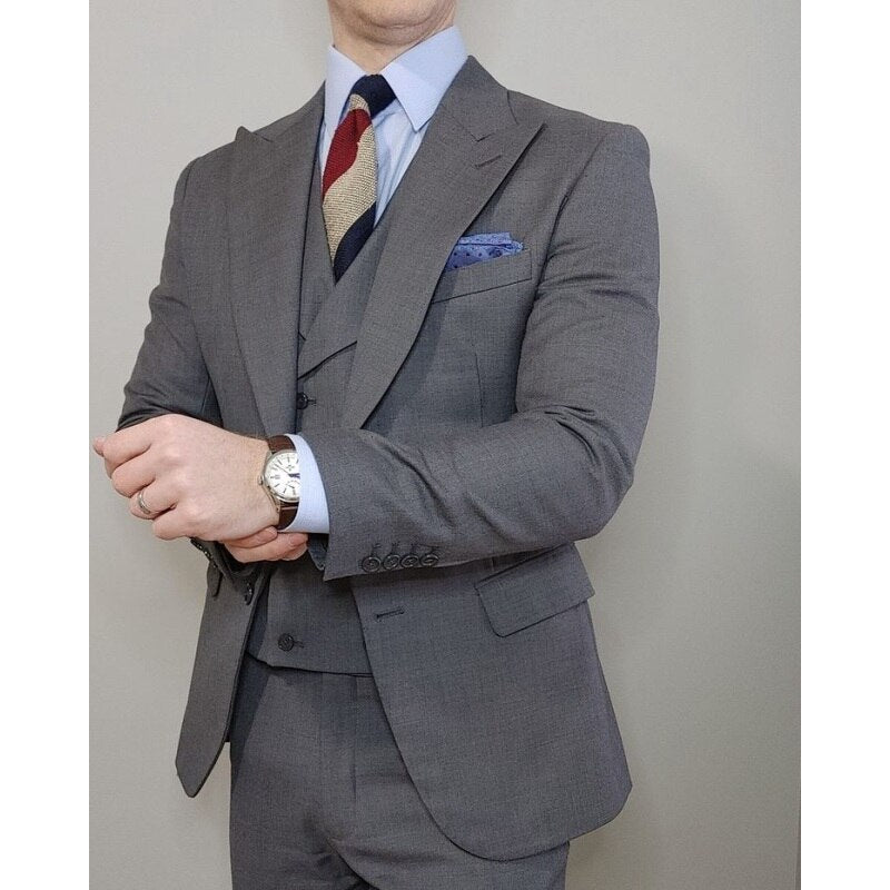 Grey Business 3 Pieces Wedding Men Suits Formal Men Tuxedos Dinner Prom Blazer Trousers Slim Fit Jacket+Pant+Vest