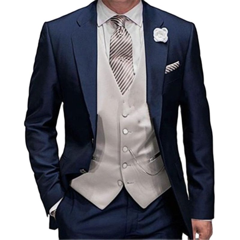 Conjunto de 3 piezas de esmoquin para novio (chaqueta, pantalón, chaleco y corbata), blazer azul marino y pantalón a medida. 