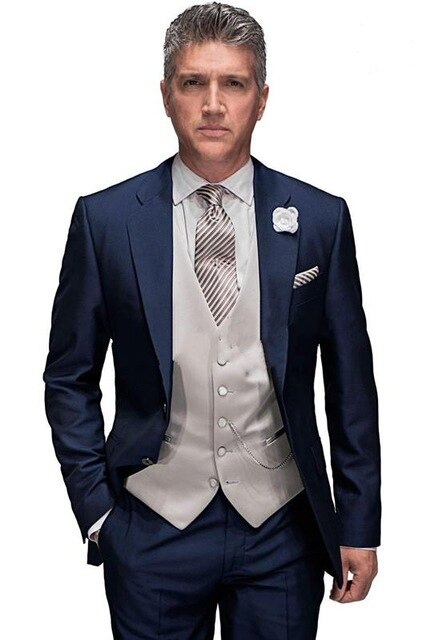 Conjunto de 3 piezas de esmoquin para novio (chaqueta, pantalón, chaleco y corbata), blazer azul marino y pantalón a medida. 