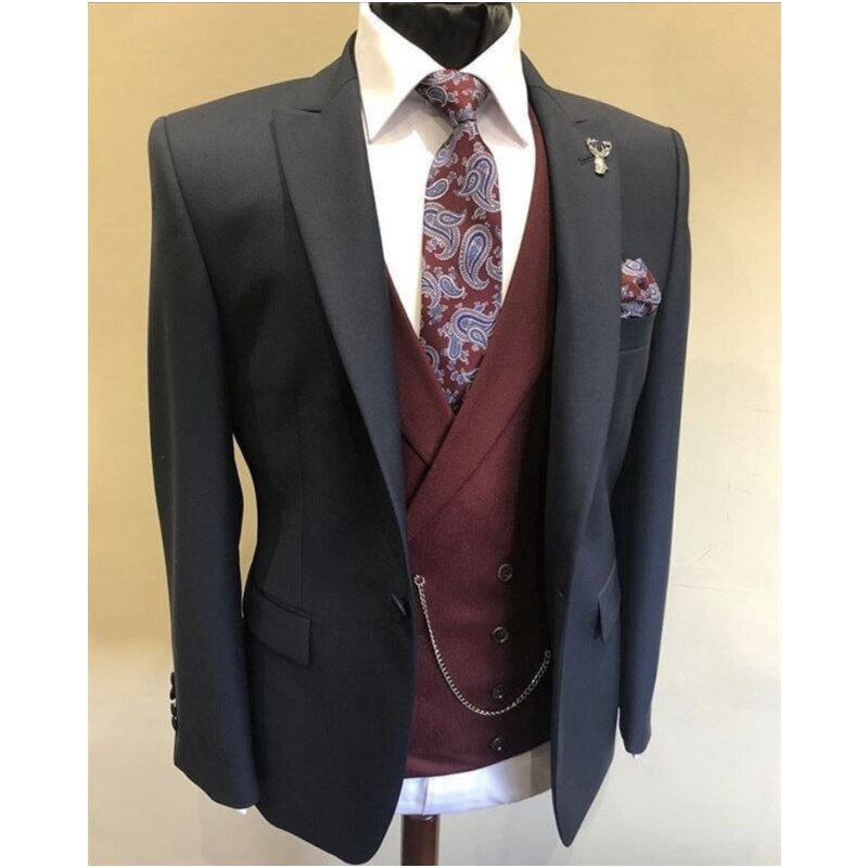 Trajes de hombre: chaleco negro, esmoquin burdeos, chaqueta, pantalón y traje de boda, trajes ajustados a medida, vestido de fiesta, 3 piezas, chaqueta, chaleco y pantalón. 