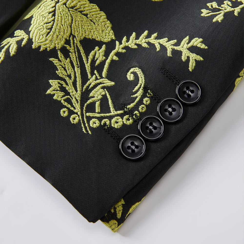 Stylish Floral Jacquard Tuxedo Suit for Men, Slim Fit Party and Wedding Attire with Shawl Lapel in Black and Gold