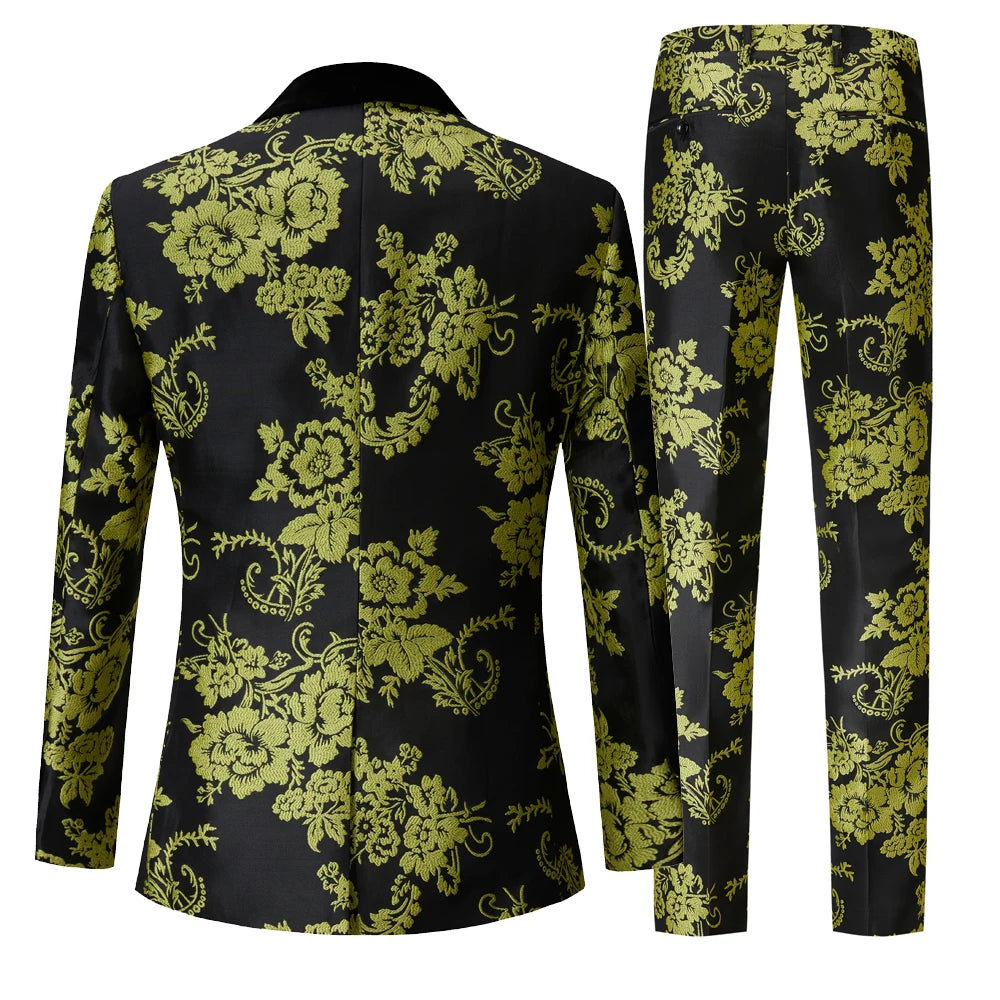 Stylish Floral Jacquard Tuxedo Suit for Men, Slim Fit Party and Wedding Attire with Shawl Lapel in Black and Gold