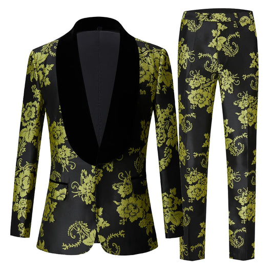 Stylish Floral Jacquard Tuxedo Suit for Men, Slim Fit Party and Wedding Attire with Shawl Lapel in Black and Gold