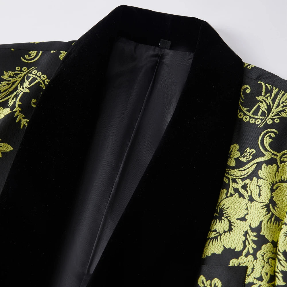 Stylish Floral Jacquard Tuxedo Suit for Men, Slim Fit Party and Wedding Attire with Shawl Lapel in Black and Gold