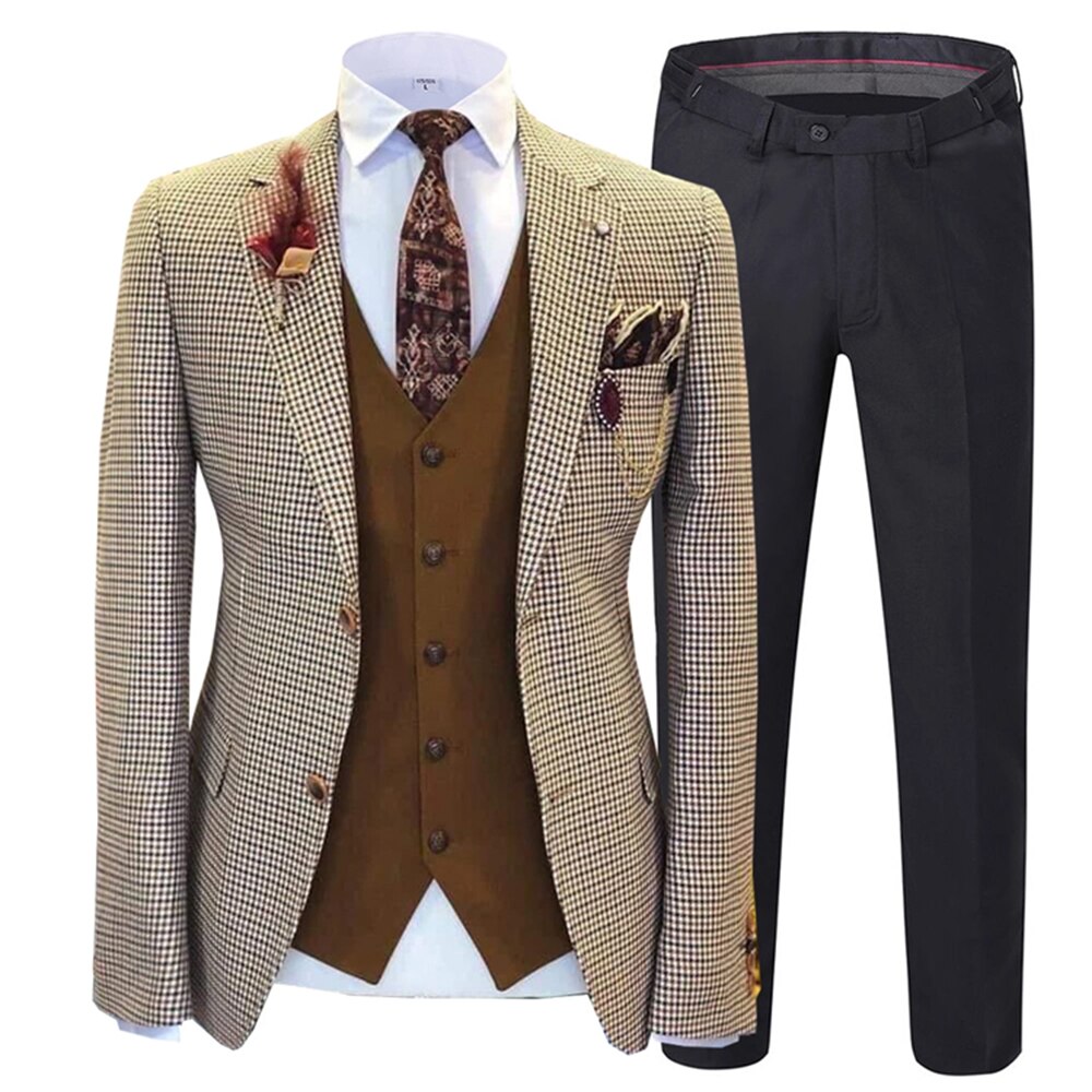 Traje de hombre de corte entallado, de negocios, a cuadros, jacquard, color caqui, para boda, para novio, conjunto de 2 piezas (chaqueta, pantalón y chaleco). 