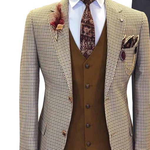 Slim Fit Men Suits Business Plaid Jacquard Khaki Wedding Groom 2Pieces Blazer Trousers Set(Jacket+Pant+Vest)