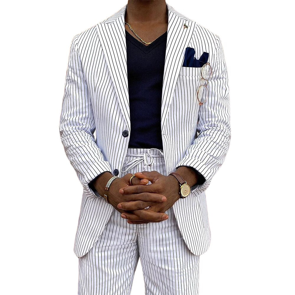 Costumes à rayures pour hommes avec veste deux pièces et pantalon court, ceinture, smokings de soirée décontractés de créateur 