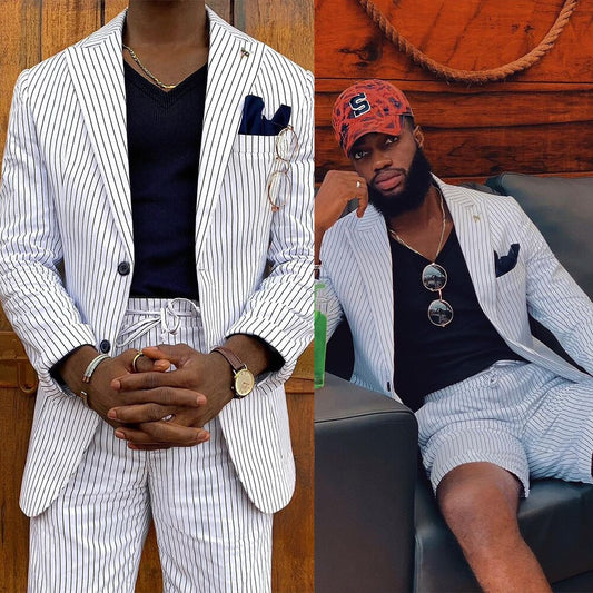 Costumes à rayures pour hommes avec veste deux pièces et pantalon court, ceinture, smokings de soirée décontractés de créateur 