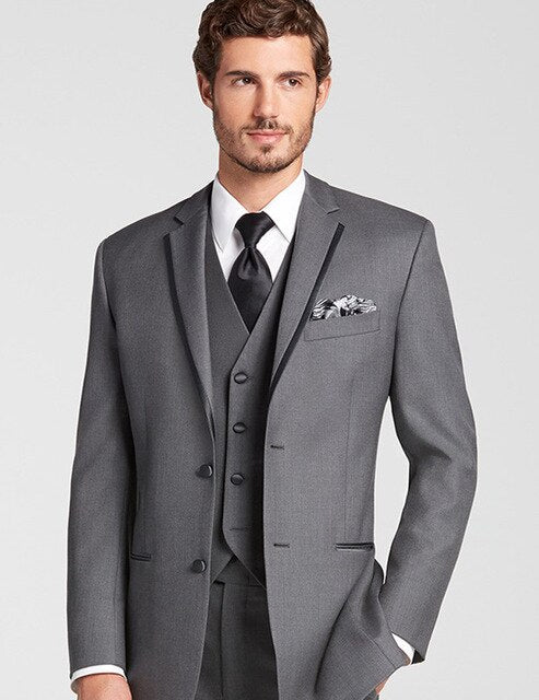 Grey Trim Wedding Suits For Men 3pieces(Jacket+Pants+Vest+Tie) Custom Made Bridegroom Slim Fit Blazer Trousers