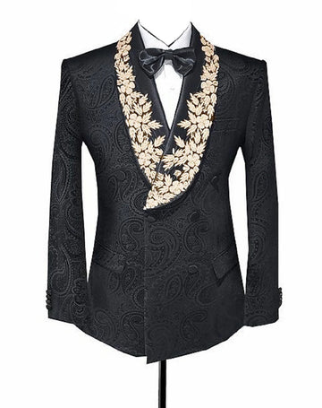Elegante esmoquin con solapa chal y apliques de encaje dorado y negro para hombre, trajes de boda y graduación personalizados.