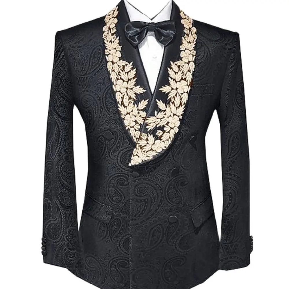 Smoking élégant à revers châle en dentelle noire et dorée pour homme, costumes de mariage et de bal personnalisés