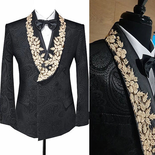 Elegante esmoquin con solapa chal y apliques de encaje dorado y negro para hombre, trajes de boda y graduación personalizados.
