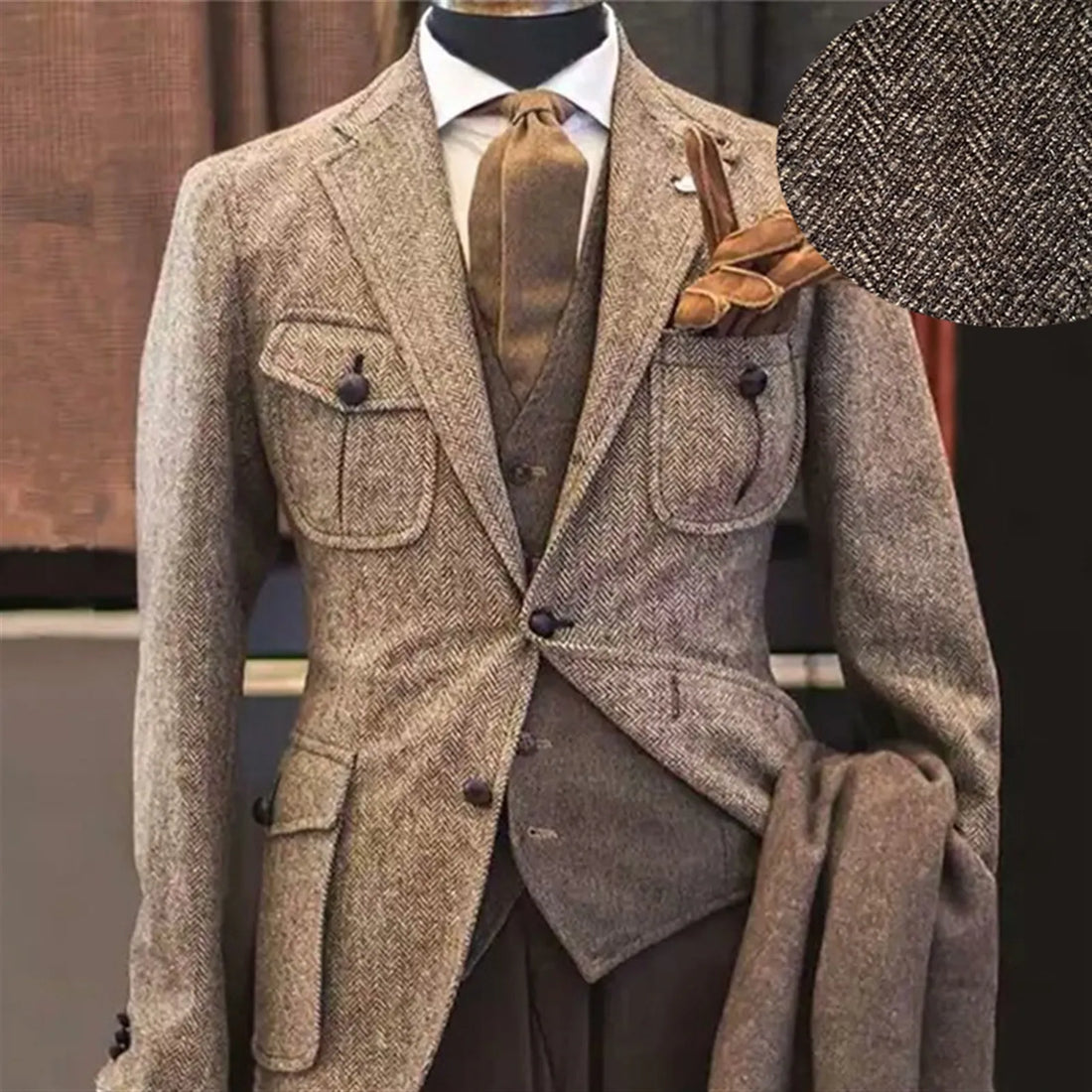 Trajes de 3 piezas para hombre, solapa con cierre de botones, bolsillo, una sola fila, 2 botones, diseño de espiga, marrón, para ropa informal formal.