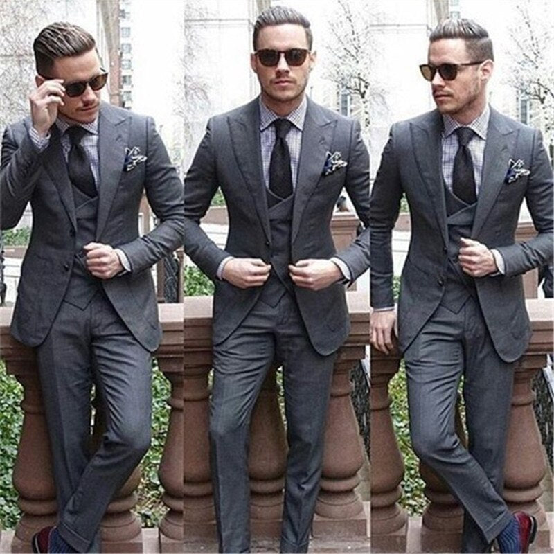 Grey Tuxdeo Costume Homme Men Suits For Wedding 3Pcs(Jacket+Pant+Vest+Tie)Terno Groom Blazer Trousers