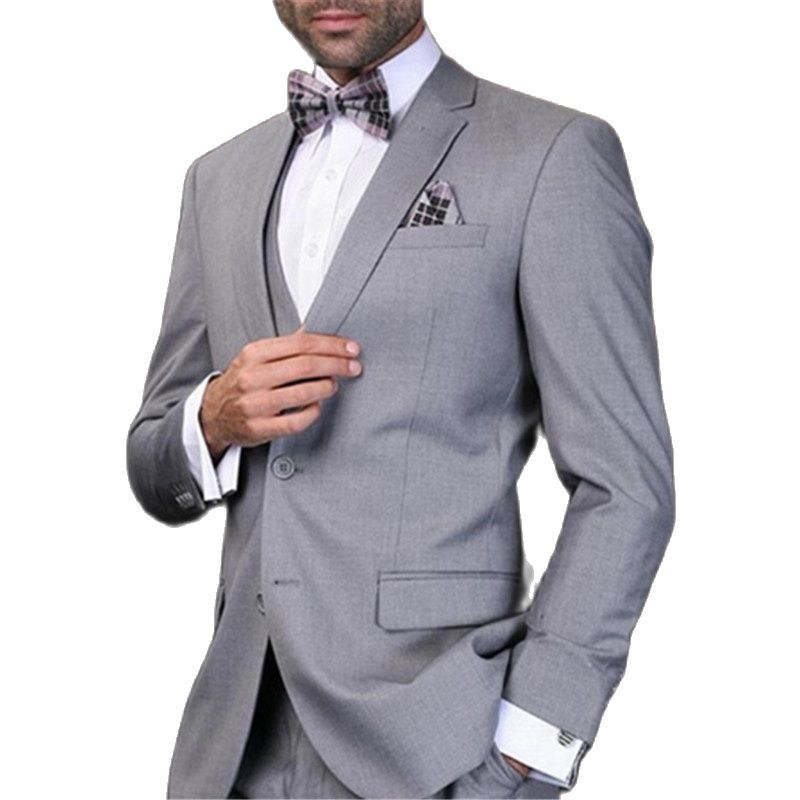 Costume de mariage 3 pièces gris clair pour homme (veste, pantalon, gilet, cravate), revers crantés 