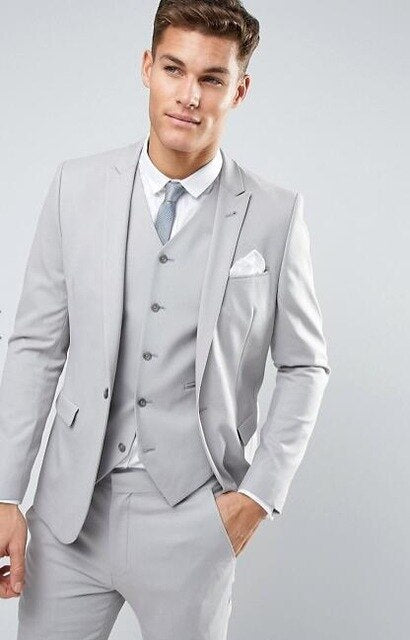 Smoking Grey Blazer Trousers Prom Suits 3Pcs(Jacket+Pants+Vest+Tie)Slim Fit Tuxedo Custom Party Wear