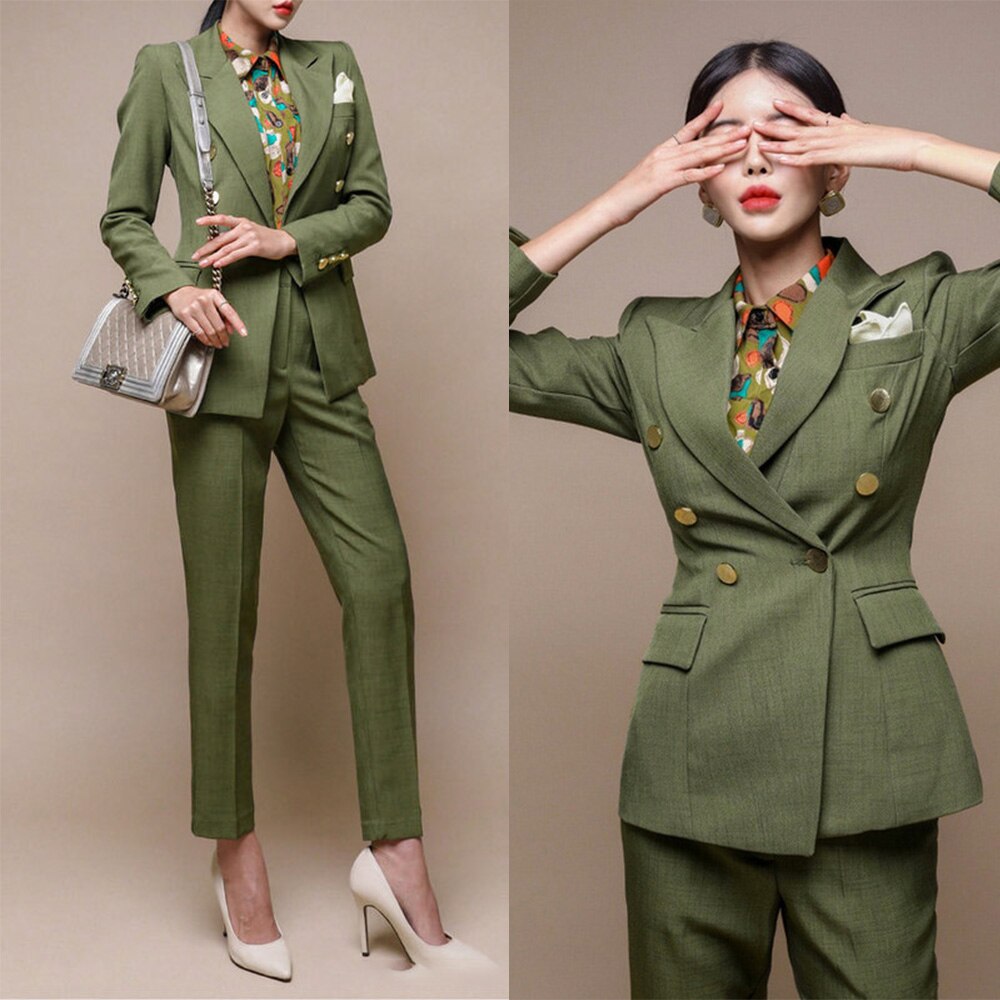 Ensemble pantalon et pantalon pour femme, tenue de travail 2 pièces, vert armée, tenue de bureau 