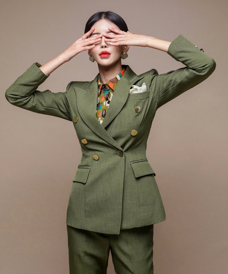 Ensemble pantalon et pantalon pour femme, tenue de travail 2 pièces, vert armée, tenue de bureau 