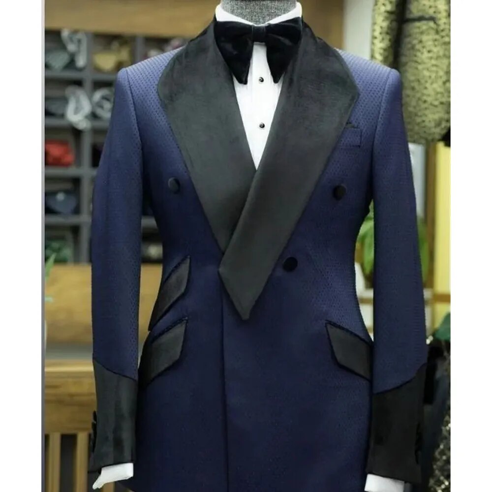 Trajes de boda para hombre, 2 piezas, azul marino, de terciopelo, con cuello, chaquetas, trajes ajustados, ropa de fiesta, chalecos, vestido para hombre.