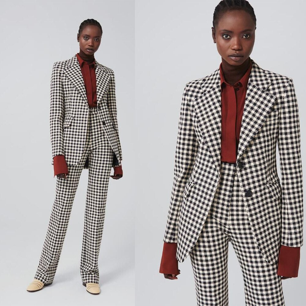 Ensemble de costumes d'hiver à carreaux, blazer chaud pour femme de bureau, smoking de mariage, veste taille haute, ensemble 2 pièces 