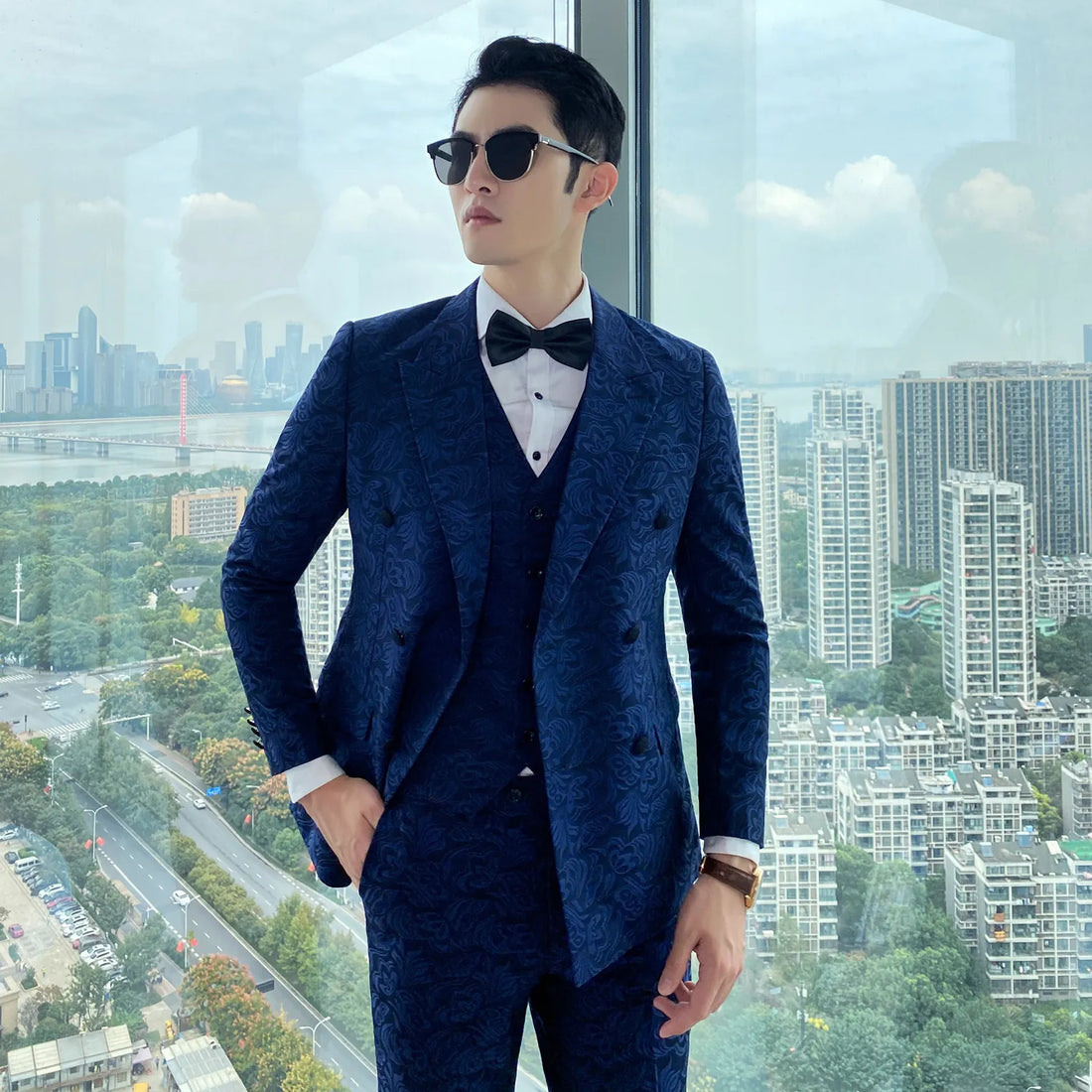 Trajes de otoño e invierno para hombre británicos, estampado de moda, cruzado, versión coreana, traje ajustado de tres piezas, talla grande 