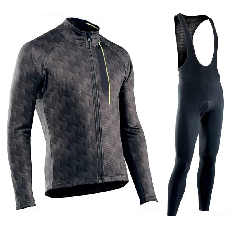 Men's Long Sleeve Cycling Jersey and Bib Tights Set Black Geometric Pattern